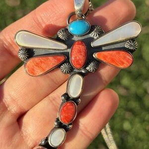 Navajo Sterling Silver Multi Stone Turquoise Spiny Oyster Dragonfly Pendant T